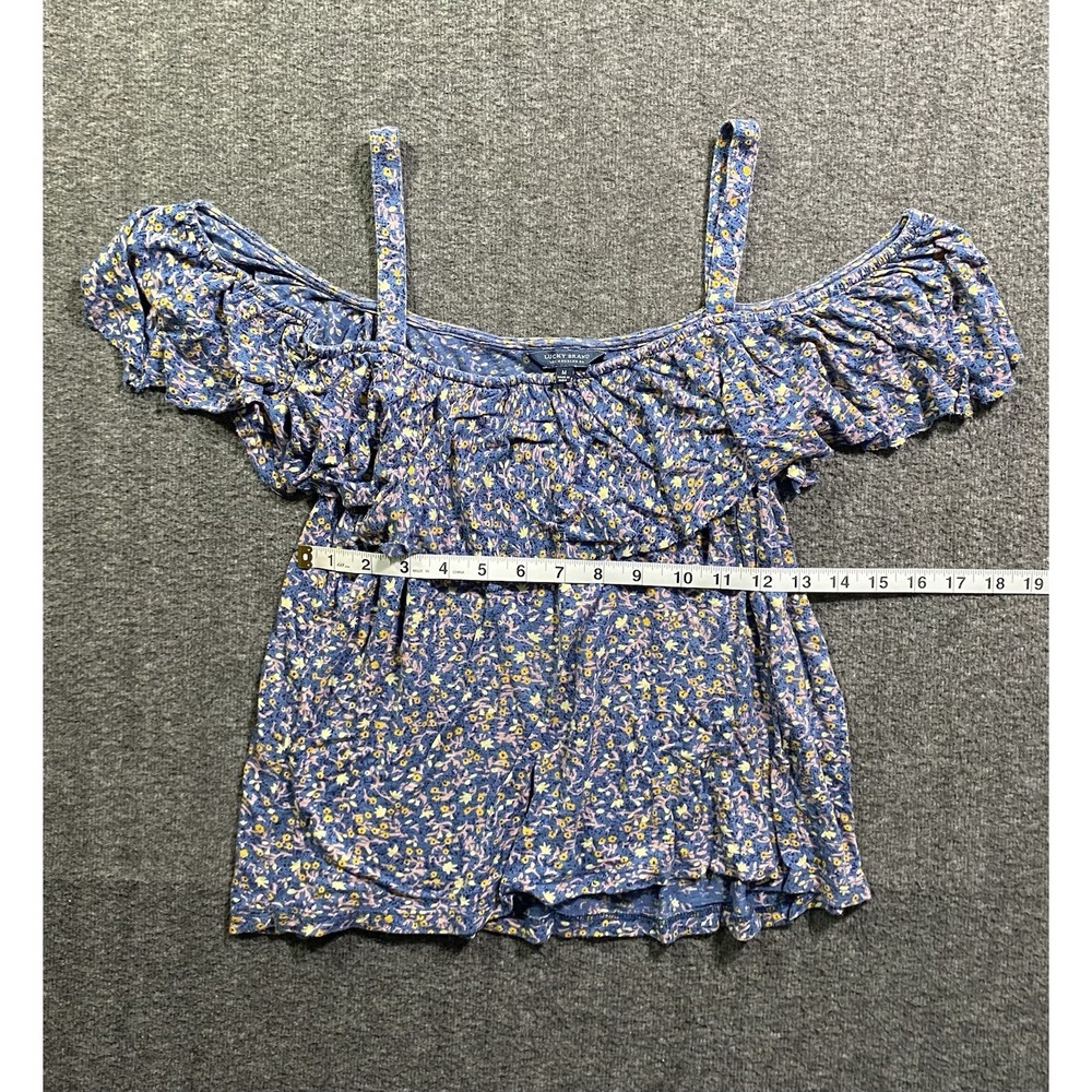 Lucky Brand Women Blue Floral Cold Shoulder Ruffle Blouse Top Boho Size M - Picture 4 of 6